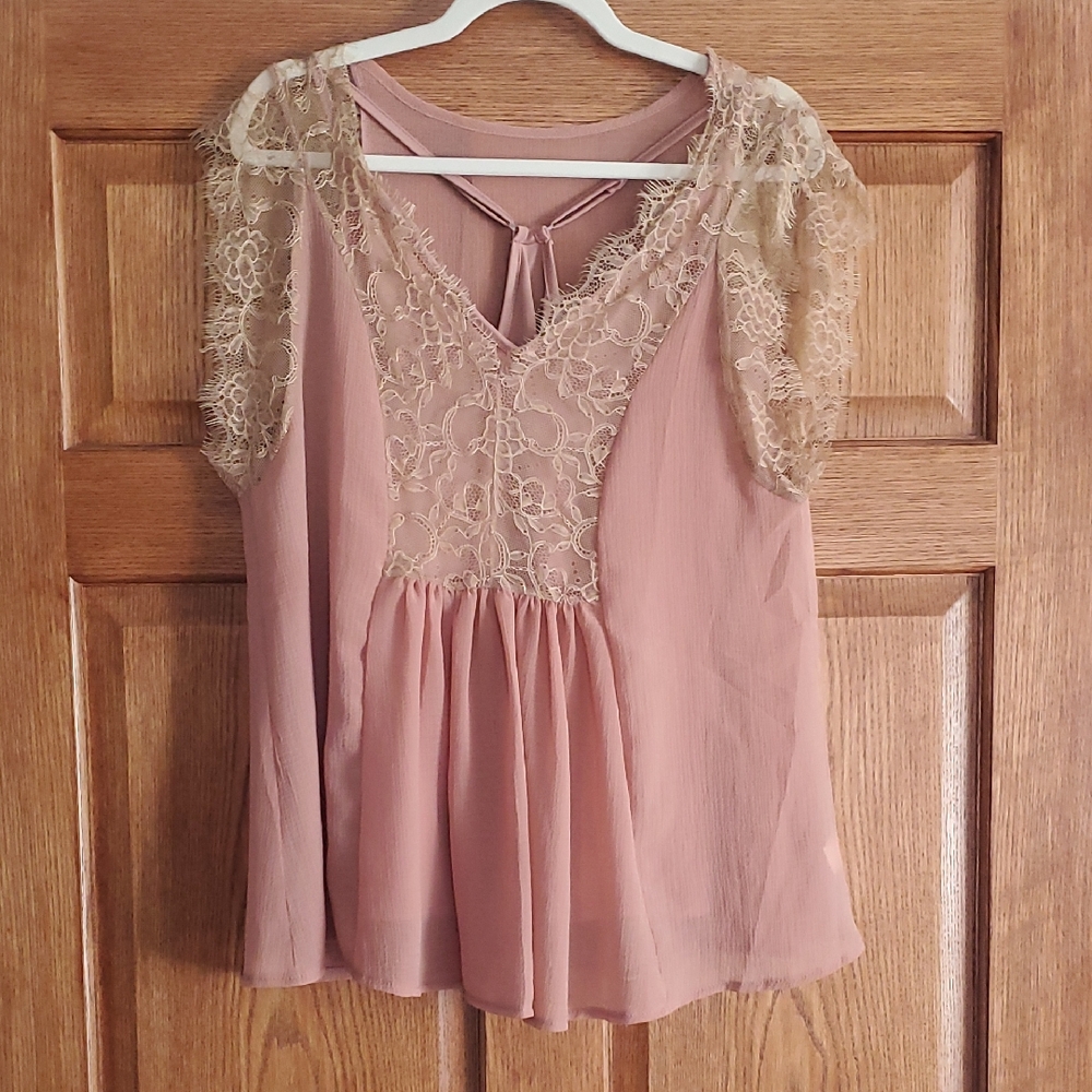 Lace Trim Blush Pink Blouse